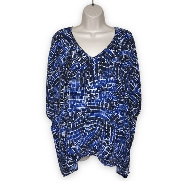 Zozo Geometric Print Caftan Style Boxy Ruana Boho Blue Top Women's Size S/M - Picture 1 of 9